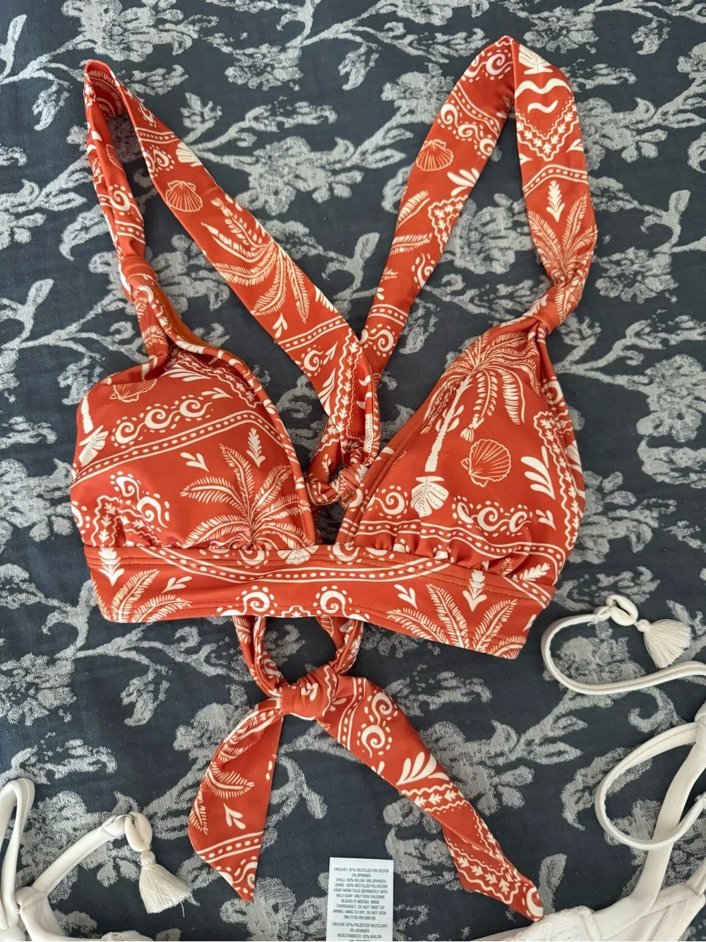 Rust Printed Tie-Front Bikini Top with Cream Crochet Bikini Bottom